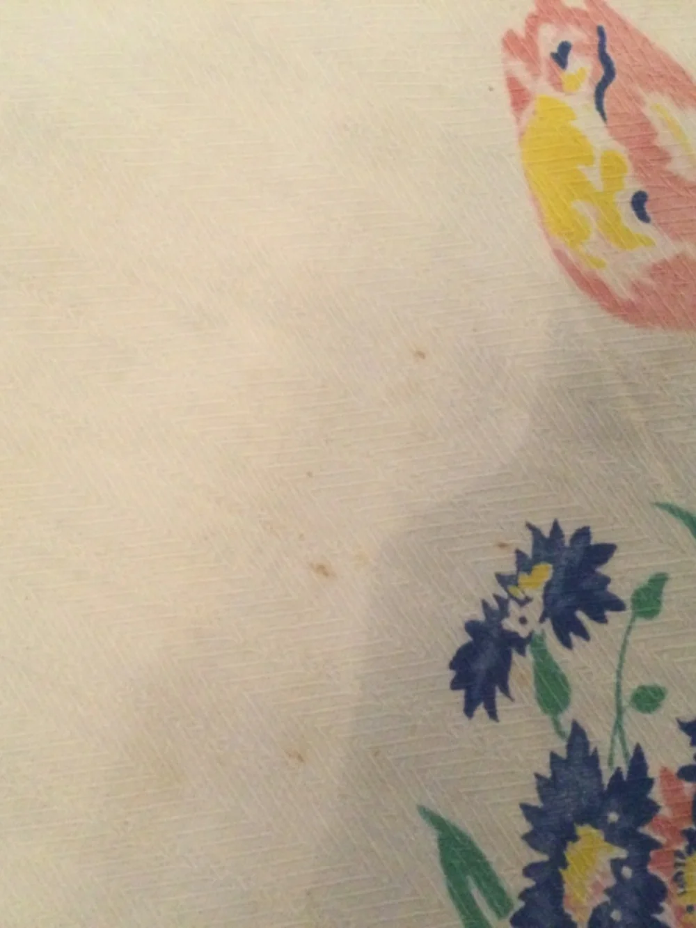 Vintage Floral Tablecloth White w Pinks Blues, Yellow 48”x54”